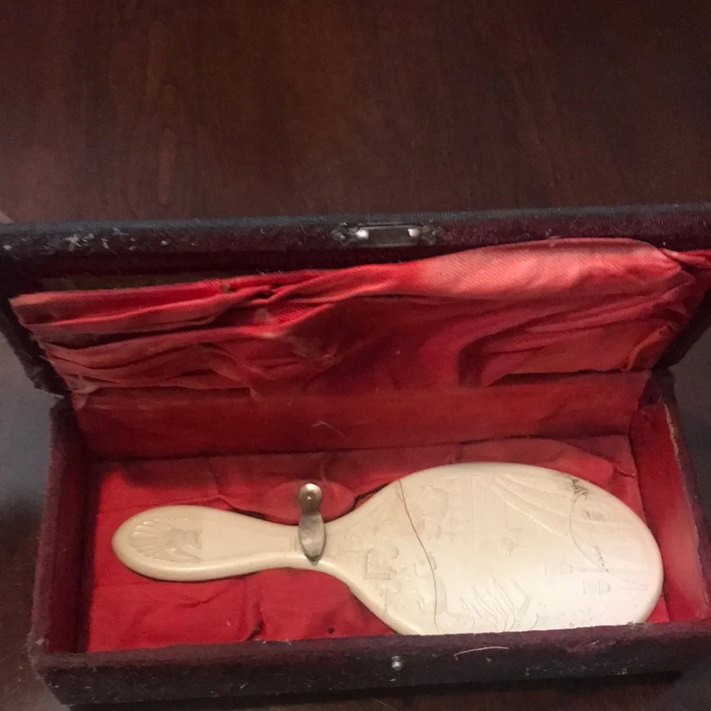Antique hand held mirror in original dresser box